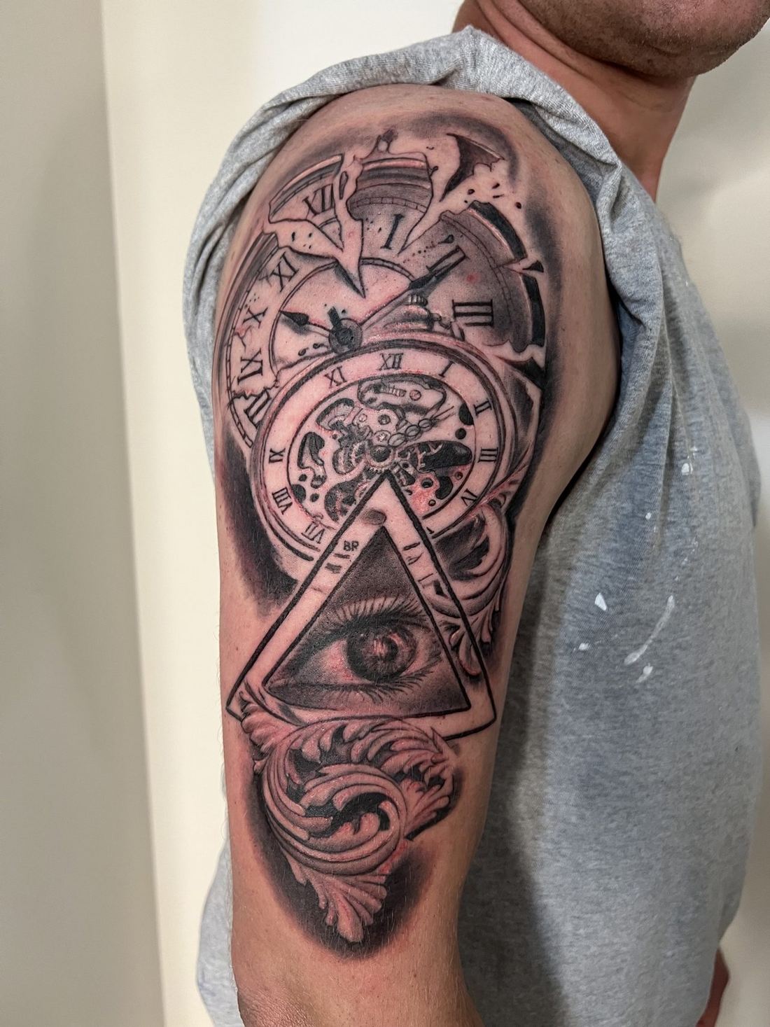 Tattoo: Black & grey realism — Watch and all-seeing eye