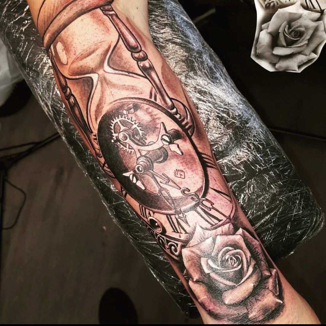 Tattoo: Black & grey realism — Hourglass, mechanism and rose