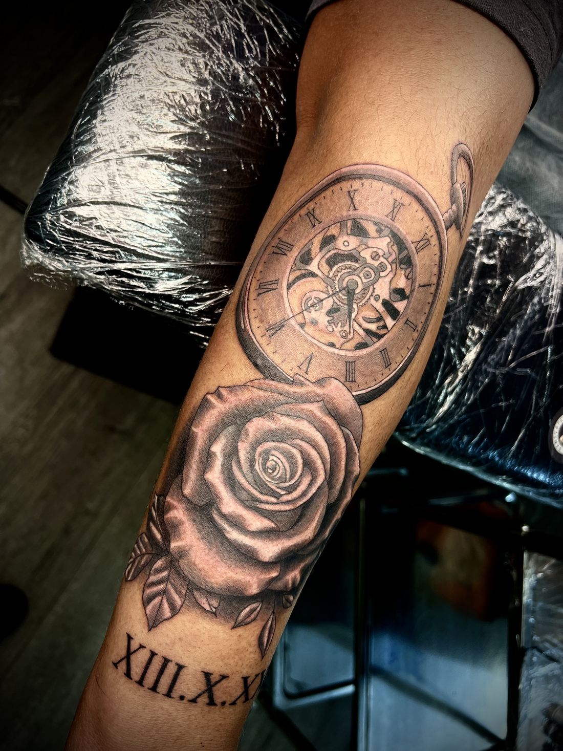Tattoo: Black & grey realism — Pocket watch, rose and Roman numerals