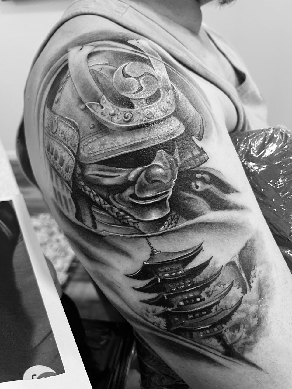 Tattoo: Black & grey realism — Samurai and pagoda